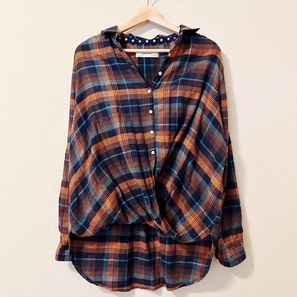 Anthropologie Isabella Sinclair Plaid Twisted Button Down Blue Orange S Womens - Picture 1 of 5